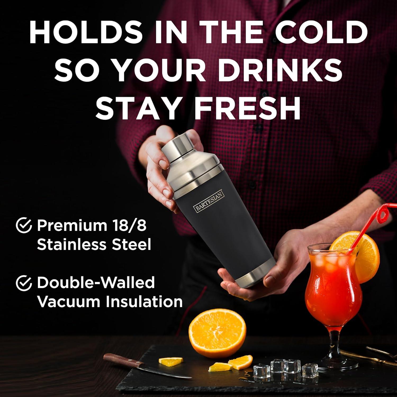 image:imageBartesian Insulated Cocktail Shaker Double Walled Vacuum Insulated Home Bar Shaker Cup with BuiltIn Strainer amp Drinking Lids Stainless Steel Mixed Drink Shaker for Martini Margarita