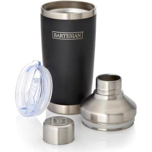Bartesian Insulated Cocktail Shaker – Double Walled Vacuum Insulated Home Bar Shaker Cup with Built-In Strainer & Drinking Lids – Stainless Steel Mixed Drink Shaker for Martini, Margarita