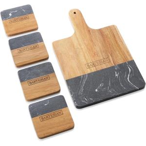 Bartesian Wooden Cutting Board & Drink Coaster Set – Premium Acacia Wood & Marble Cocktail Garnish Cutting Board & Beverage Coaster for Home Bars – Sophisticated Bar Accessories Gift Set