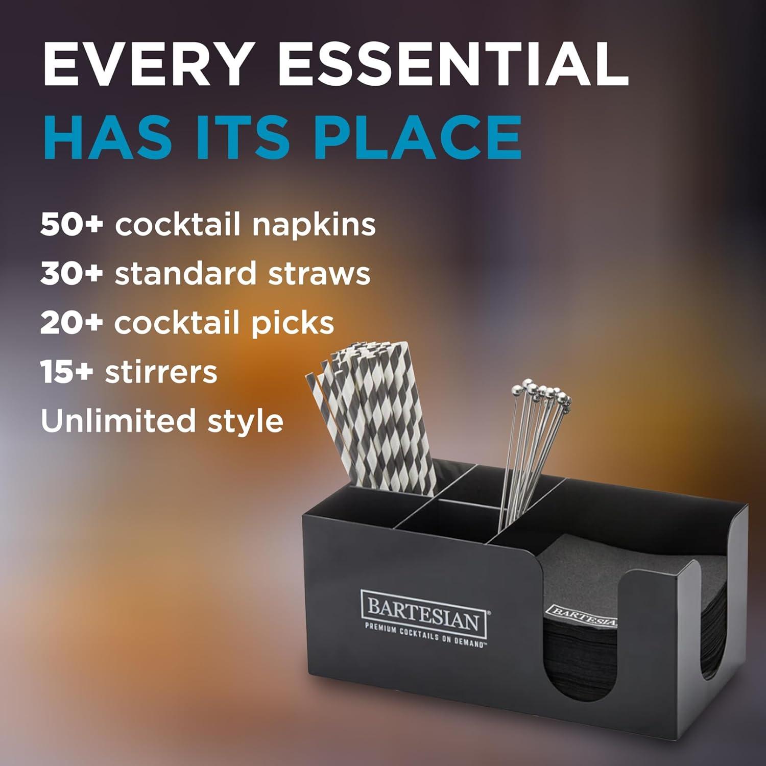 image:imageBartesian Bar Caddy Organizer and Storage Station Premium Black Steel Cocktail Napkin Straw Stirrer Holder Luxury Home Mixology Drink Accessories Dispenser for Bars and Counter Setups