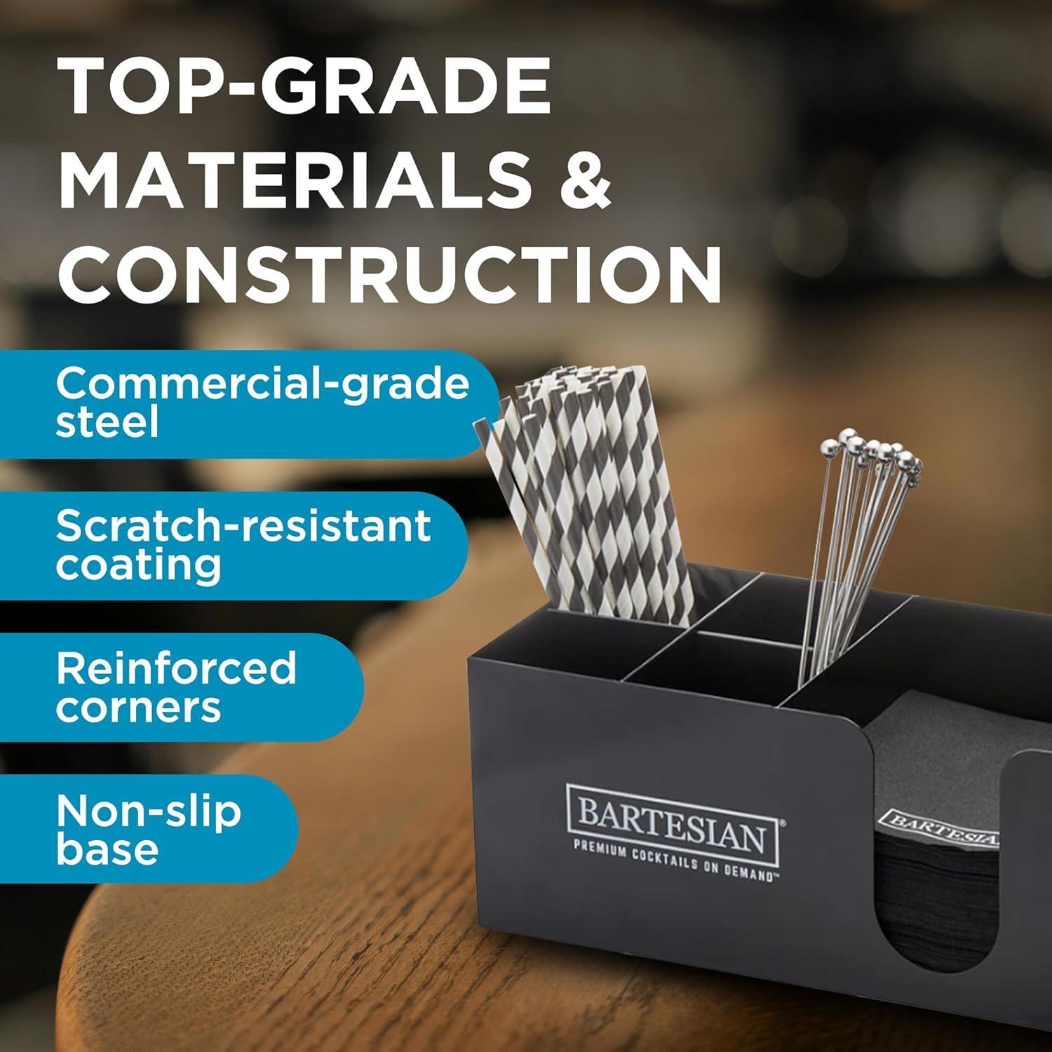 image:imageBartesian Bar Caddy Organizer and Storage Station Premium Black Steel Cocktail Napkin Straw Stirrer Holder Luxury Home Mixology Drink Accessories Dispenser for Bars and Counter Setups