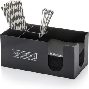 Bartesian Bar Caddy Organizer and Storage Station – Premium Black Steel Cocktail Napkin Straw Stirrer Holder – Luxury Home Mixology Drink Accessories Dispenser for Bars and Counter Setups